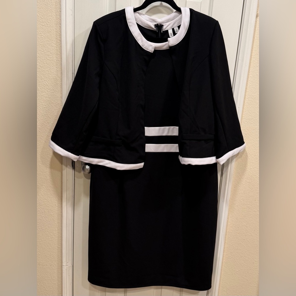 NY Collection Woman Black Dress and Jacket Set with White Trim NWT